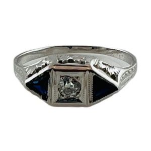14K White Gold Diamond Lab Created Sapphire Filigree Ring 4.75 #15675